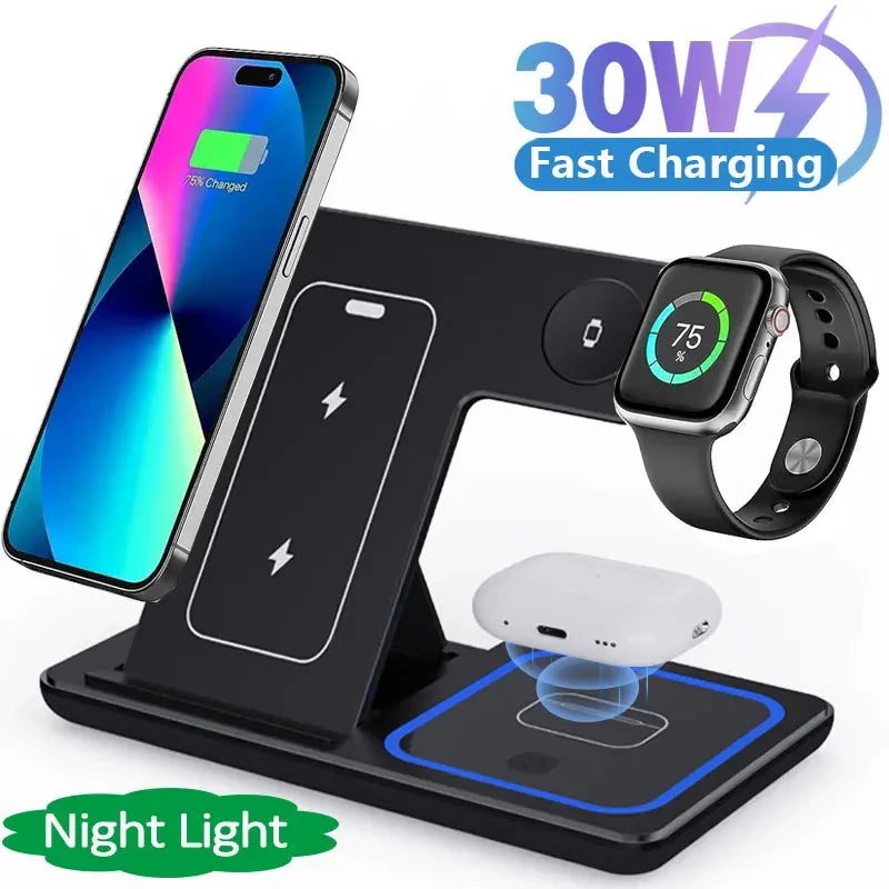 Fast Wireless Charger 30W LED Stand 3 in 1 Foldable Charging Station