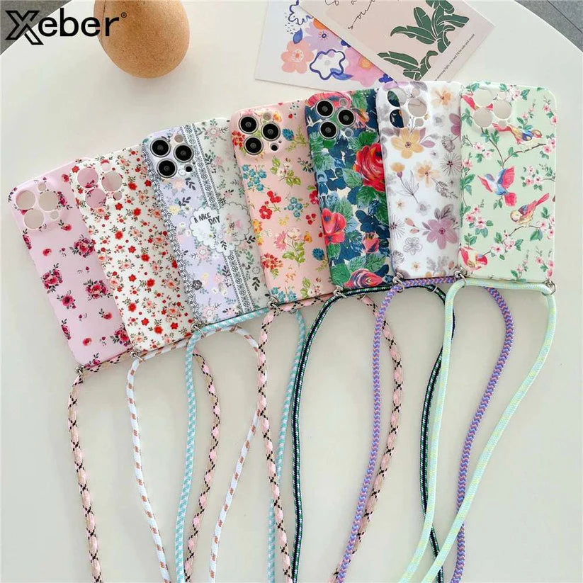 iPhone Crossbody Lanyard Strap Flower Camera Protection Cover