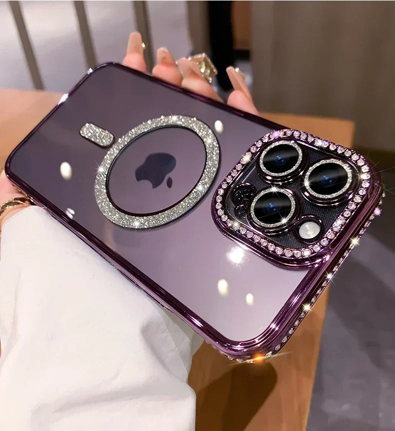 iPhone Glitter Diamond Transparent Case Magnetic Wireless Charge Back Cover