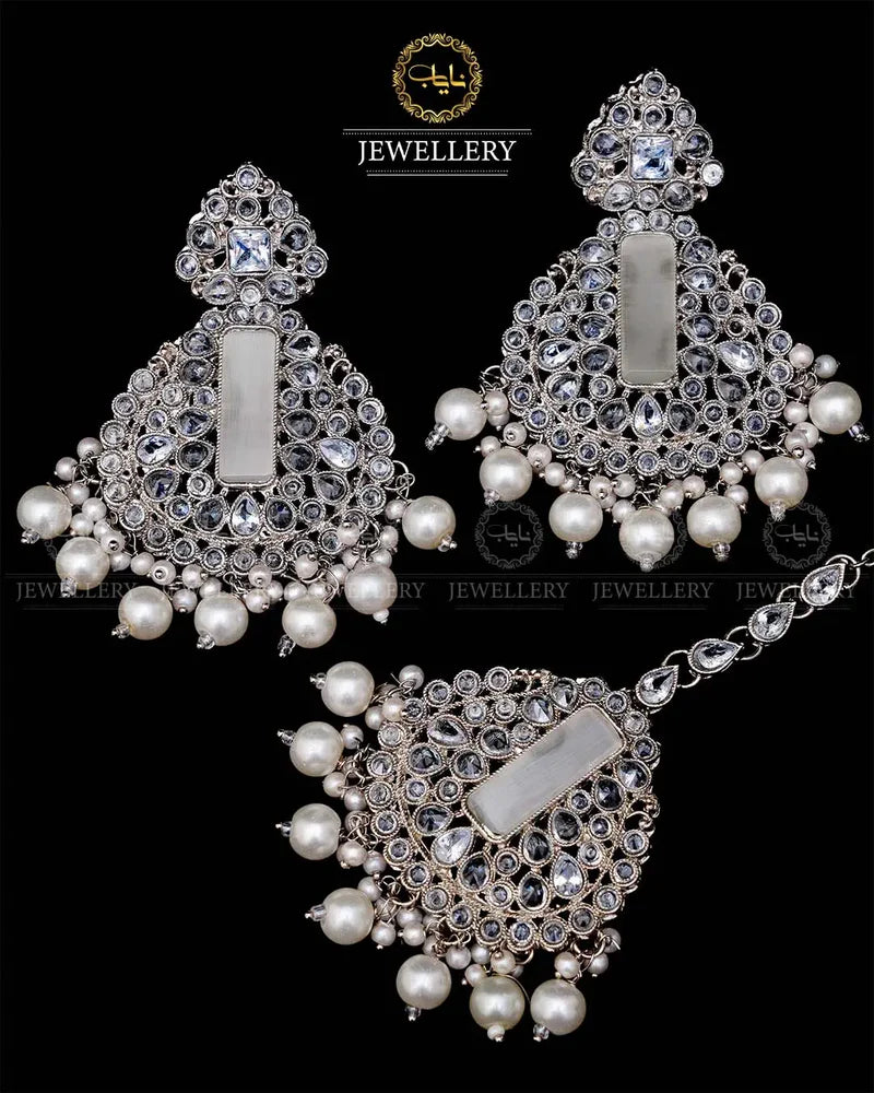 Kundan With Turkish Stones Earrings Tika set -1943-Silver
