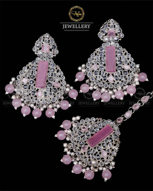 Kundan With Turkish Stones Earrings Tika set -1943-Silver