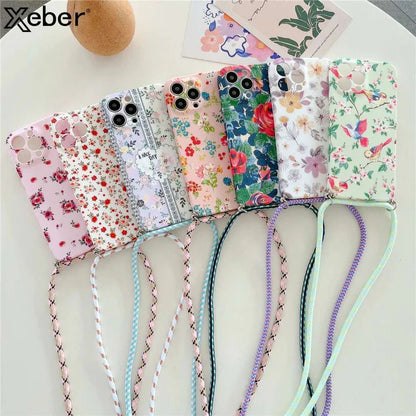 iPhone Crossbody Lanyard Strap Flower Camera Protection Cover