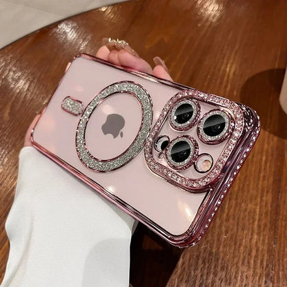 iPhone Glitter Diamond Transparent Case Magnetic Wireless Charge Back Cover