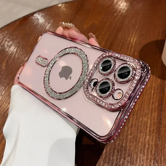iPhone Glitter Diamond Transparent Case Magnetic Wireless Charge Back Cover